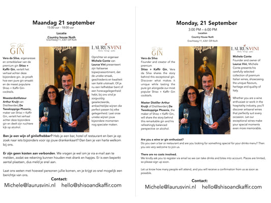 Proeverij & Presentatie – Shiso + Kaffir Gin & Laurus Vini -  Tasting Presentation